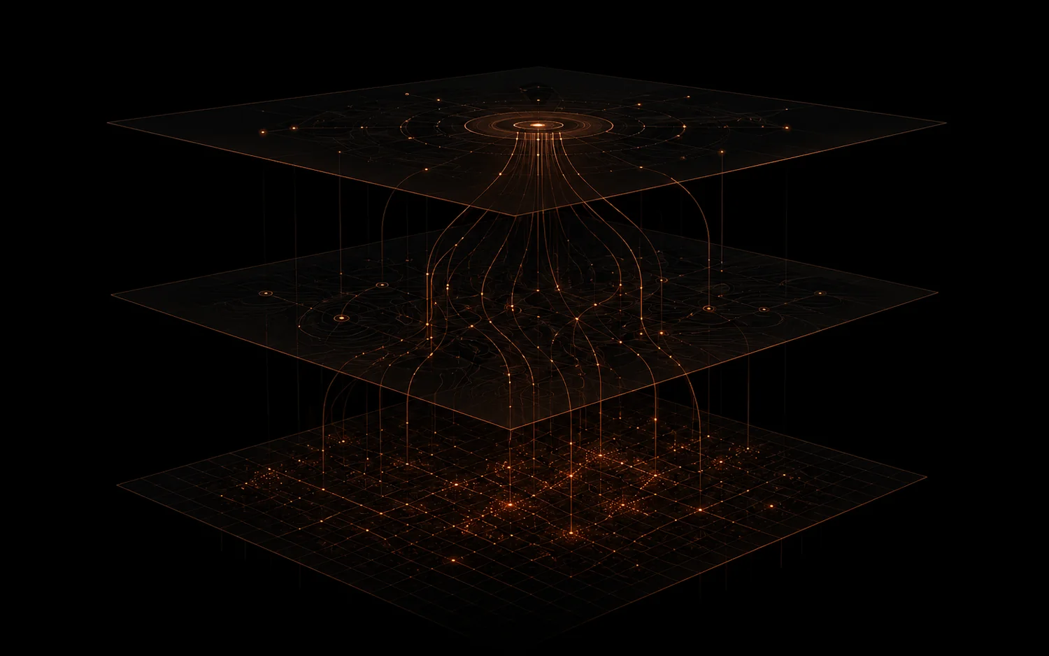 Meridex architecture — data, skill, and agent layers connected by a flow of spatial data